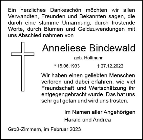 Traueranzeige von Anneliese Bindewald von DieburgerAnzeiger/Groß-Zimmerner Lokalanzeiger