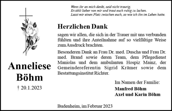 Traueranzeige von Anneliese Böhm von Allgemeine Zeitung Mainz