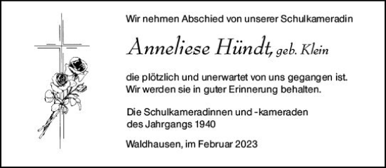 Traueranzeige von Anneliese Hündt von Weilburger Tageblatt