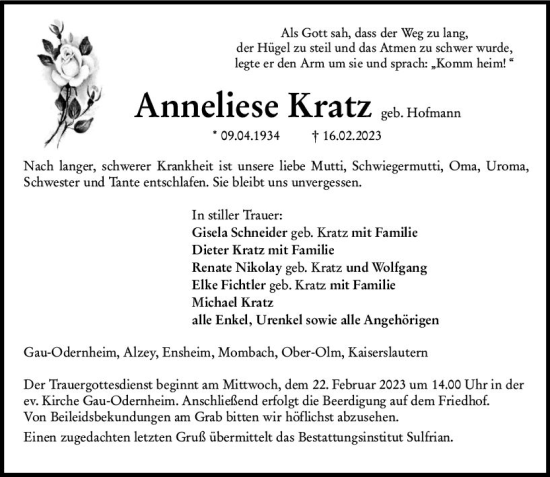 Traueranzeige von Anneliese Kratz von Allgemeine Zeitung Alzey