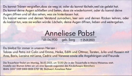Traueranzeige von Anneliese Pabst von Allgemeine Zeitung Mainz