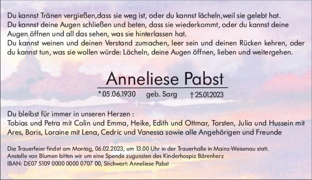 Traueranzeige für Anneliese Pabst vom 04.02.2023 aus Allgemeine Zeitung Mainz