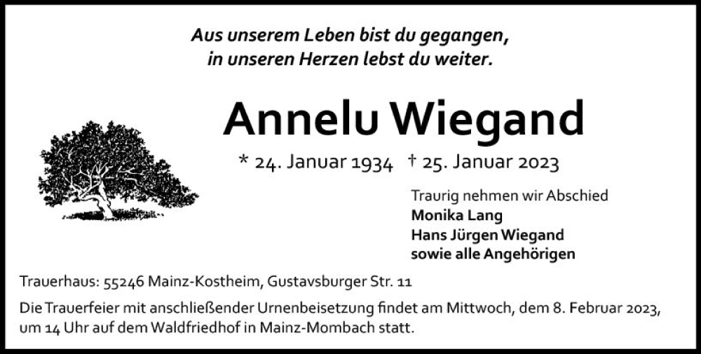  Traueranzeige für Annelu Wiegand vom 04.02.2023 aus Allgemeine Zeitung Mainz