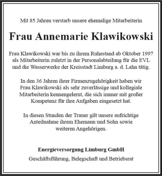Traueranzeige von Annemarie Klawikowski von Nassauische Neue Presse