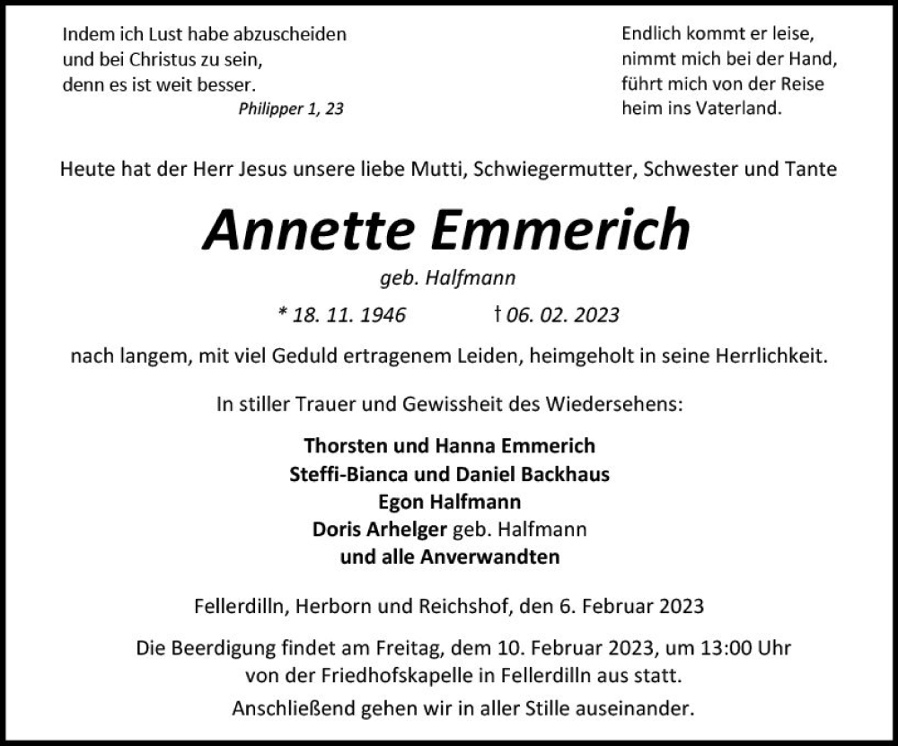  Traueranzeige für Annette Emmerich vom 08.02.2023 aus Dill Block