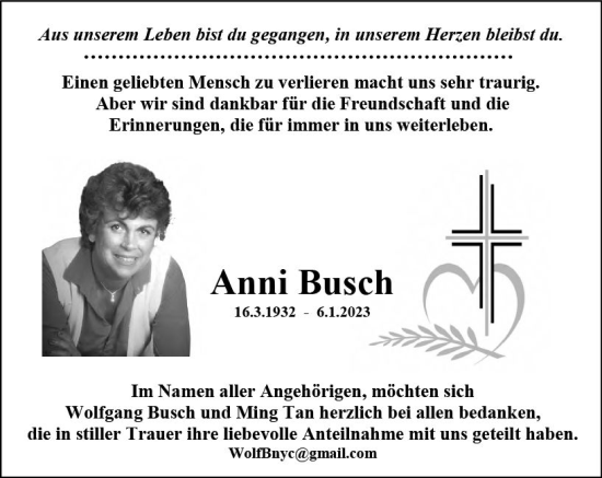 Traueranzeige von Anni Busch von Starkenburger Echo