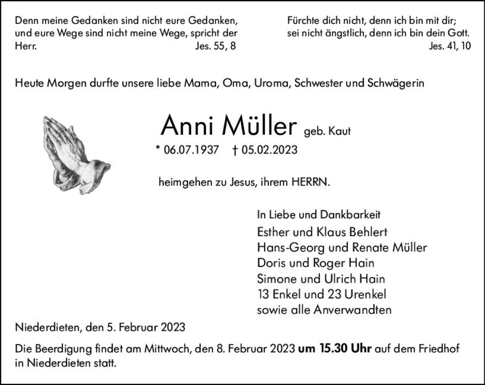  Traueranzeige für Anni Müller vom 07.02.2023 aus Hinterländer Anzeiger