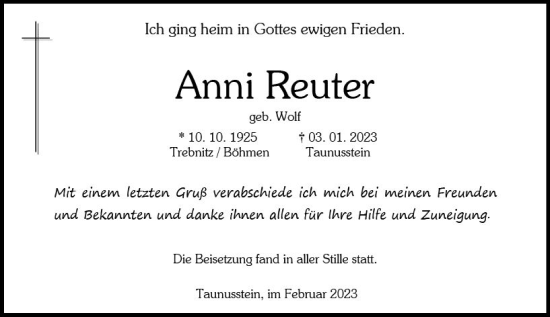 Traueranzeige von Anni Reuter von Wiesbadener Kurier gesamt