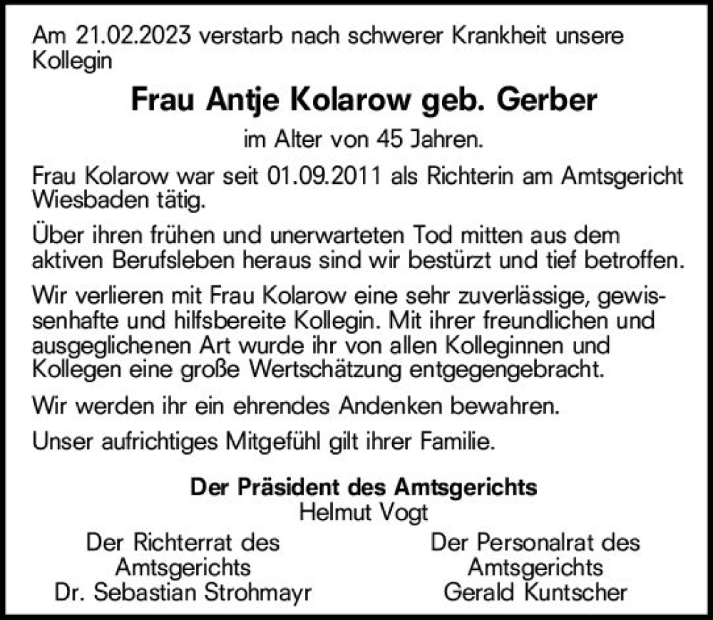  Traueranzeige für Antje Kolarow vom 25.02.2023 aus Wiesbadener Kurier