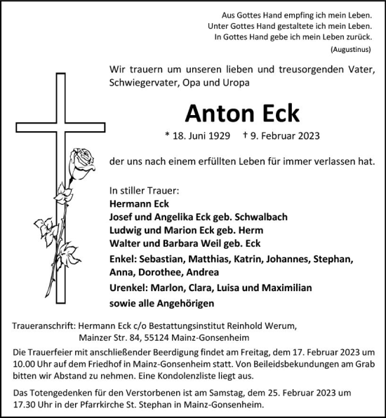 Traueranzeige von Anton Eck von Allgemeine Zeitung Mainz