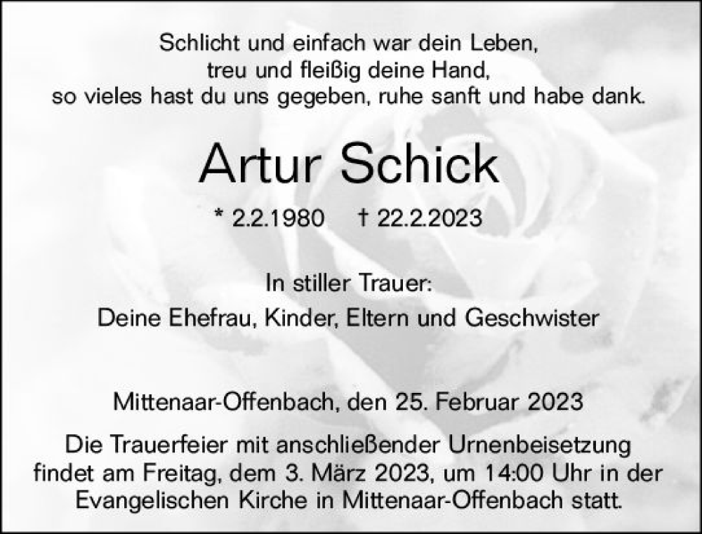  Traueranzeige für Artur Schick vom 25.02.2023 aus Dill Block