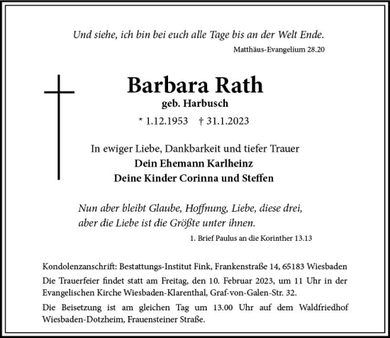 Traueranzeige von Barbara Rath von Wiesbadener Kurier gesamt