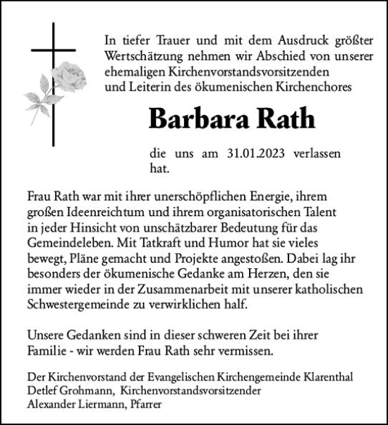 Traueranzeige von Barbara Rath von Wiesbadener Kurier gesamt