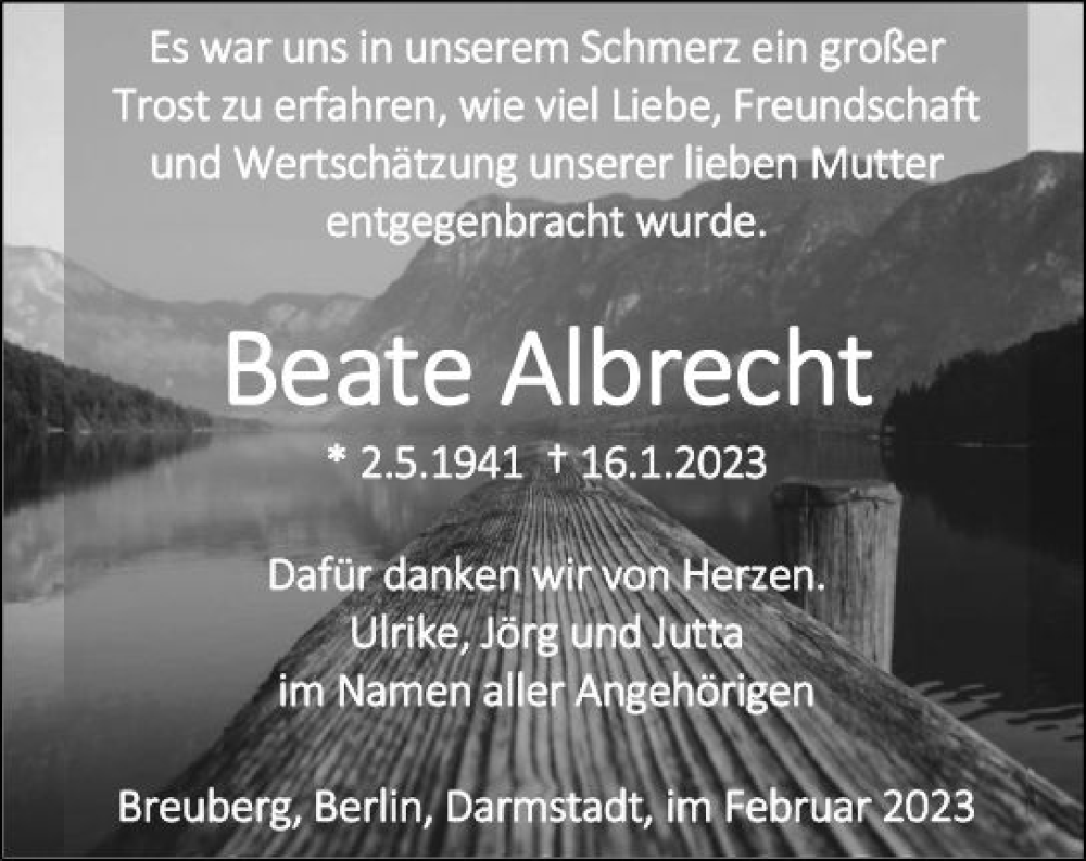  Traueranzeige für Beate Albrecht vom 11.02.2023 aus Darmstädter Echo