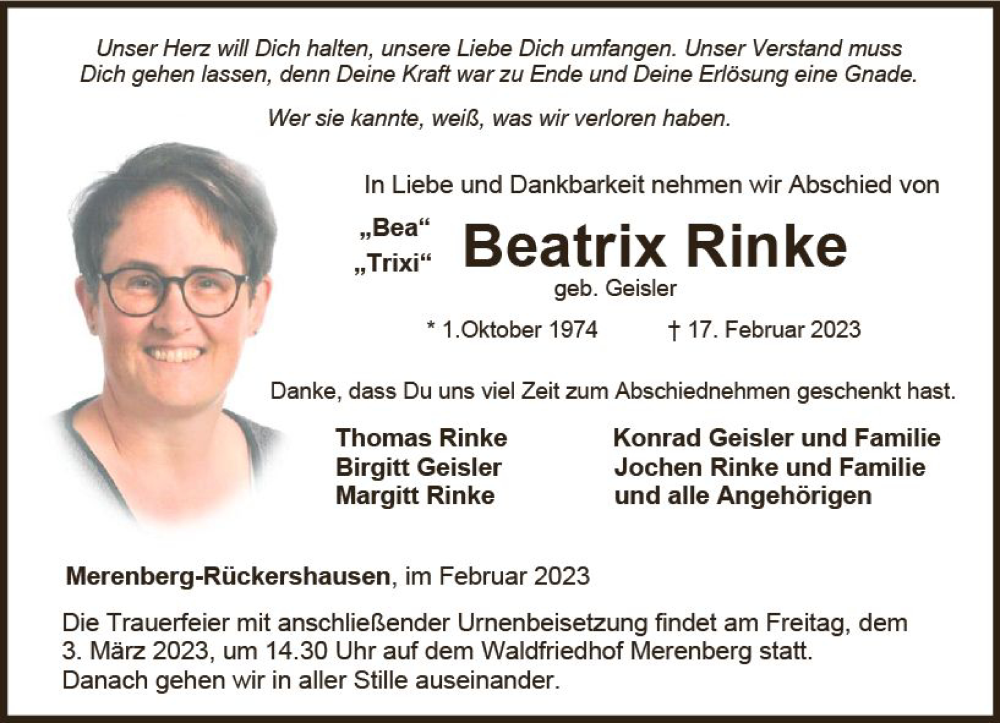  Traueranzeige für Beatrix Rinke vom 25.02.2023 aus Weilburger Tageblatt