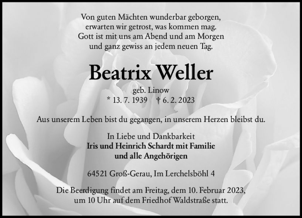  Traueranzeige für Beatrix Weiler vom 08.02.2023 aus Groß-Gerauer Echo