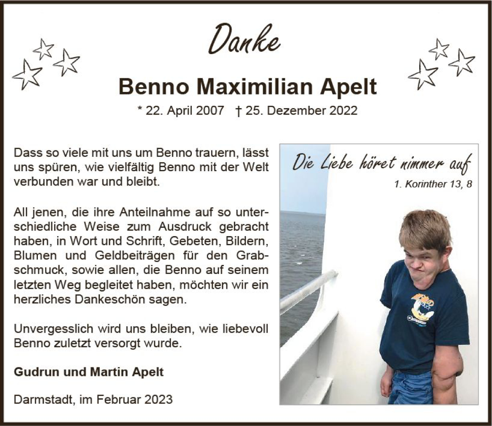  Traueranzeige für Benno Maximilian Apelt vom 25.02.2023 aus Darmstädter Echo