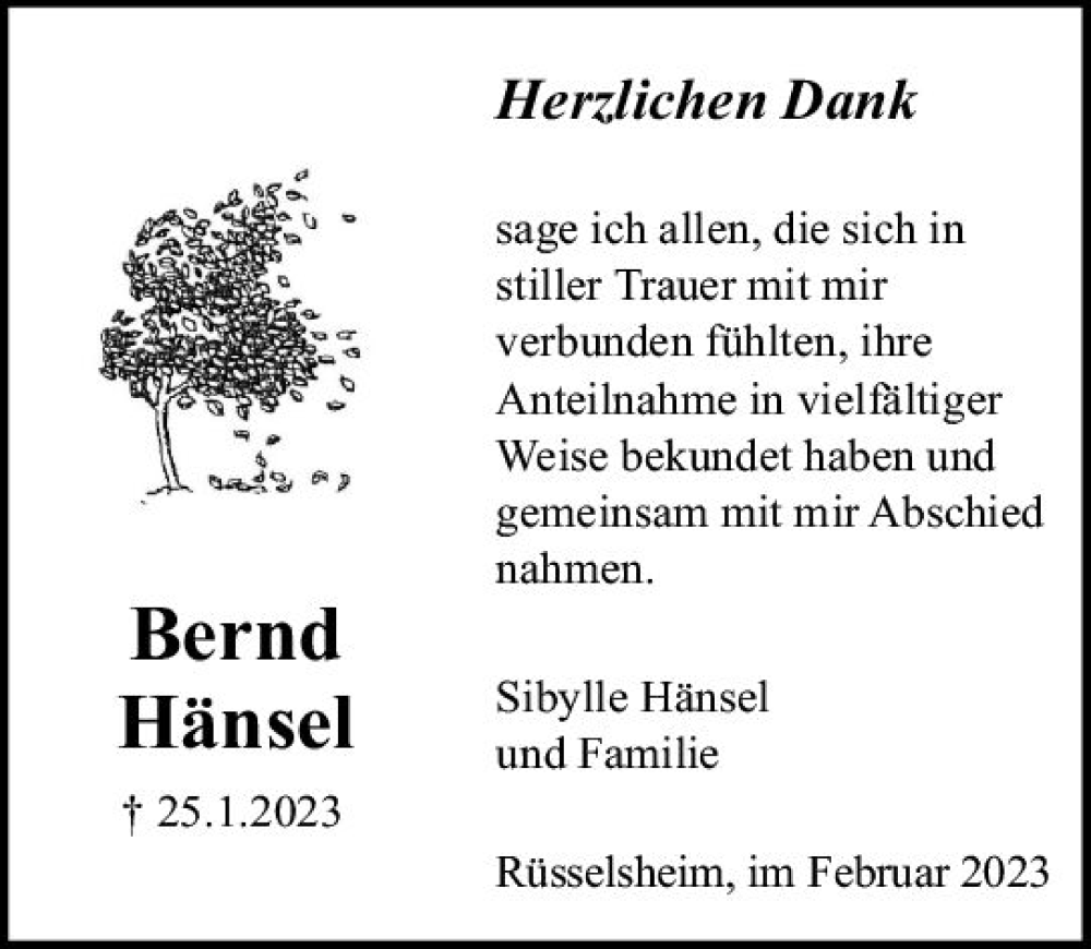  Traueranzeige für Bernd Hänsel vom 18.02.2023 aus Rüsselsheimer Echo
