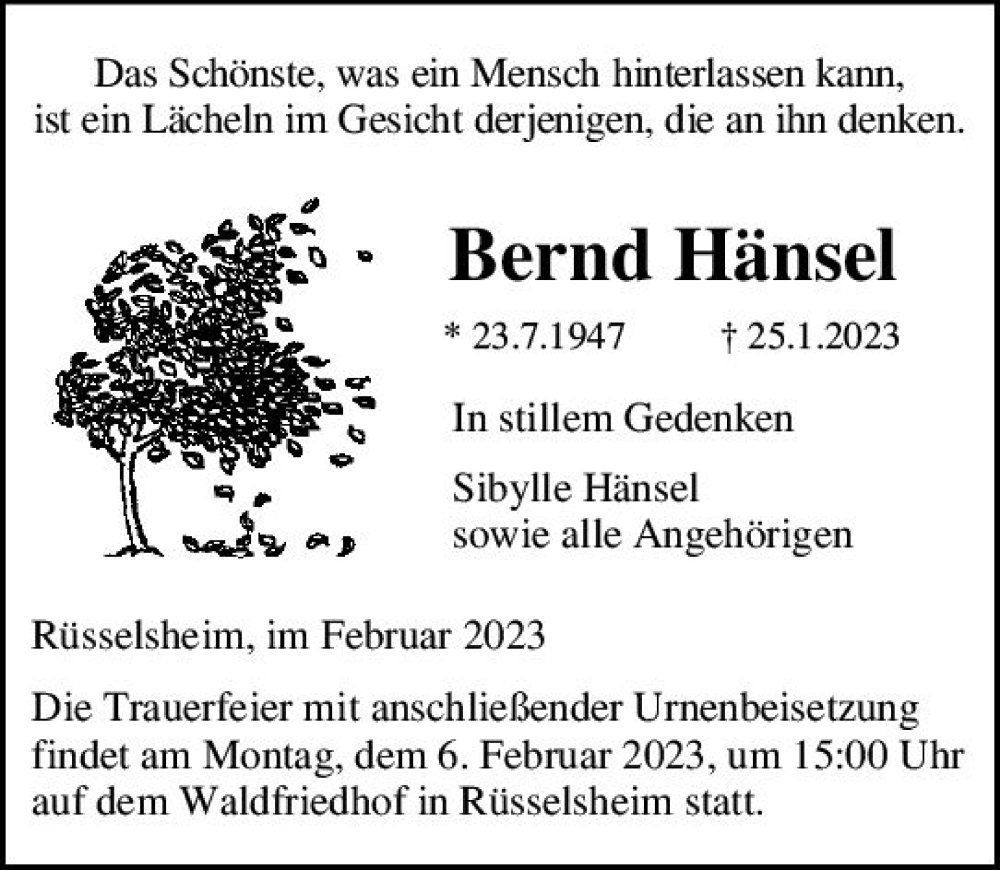  Traueranzeige für Bernd Hänsel vom 04.02.2023 aus Rüsselsheimer Echo