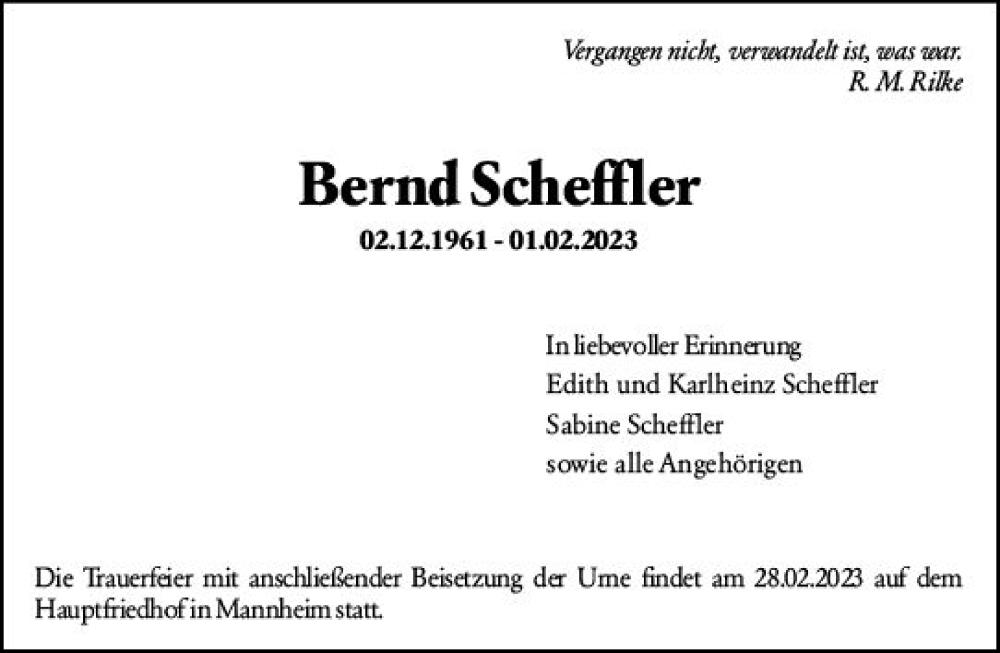  Traueranzeige für Bernd Scheffler vom 24.02.2023 aus Allgemeine Zeitung Mainz