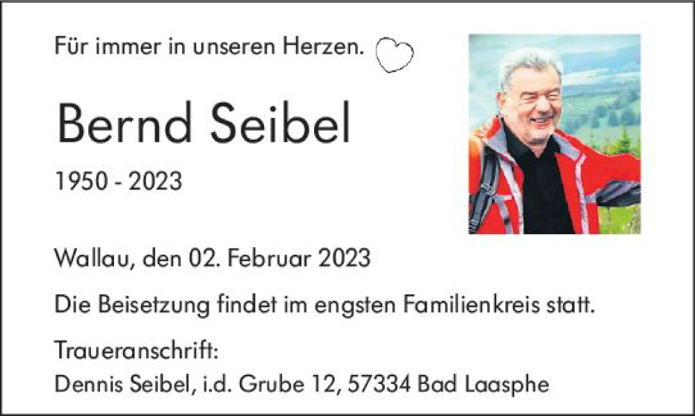  Traueranzeige für Bernd Seibel vom 02.02.2023 aus Hinterländer Anzeiger