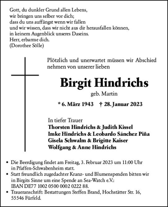Traueranzeige von Birgit Hindrichs von Allgemeine Zeitung Bad Kreuznach