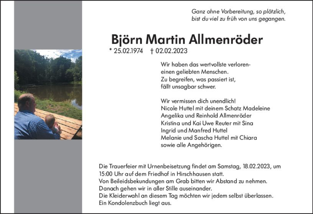  Traueranzeige für Björn Martin Allmenröder vom 15.02.2023 aus Weilburger Tageblatt
