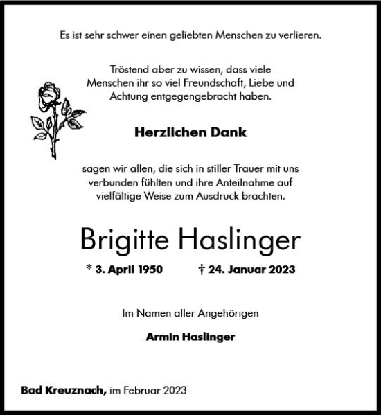 Traueranzeige von Brigitte Haslinger von Allgemeine Zeitung Bad Kreuznach