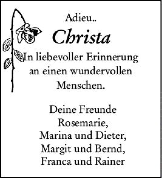 Traueranzeige von Christa  von Wiesbadener Kurier