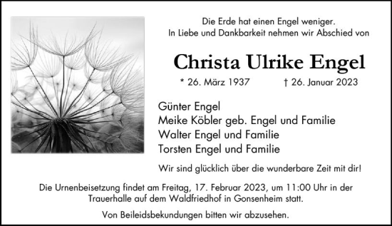 Traueranzeige von Christa Ulrike Engel von Allgemeine Zeitung Mainz