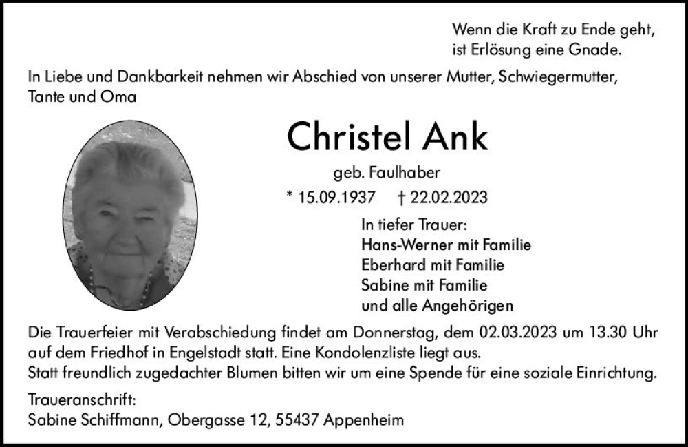  Traueranzeige für Christel Ank vom 25.02.2023 aus Allgemeine Zeitung Bingen/Ingelheim
