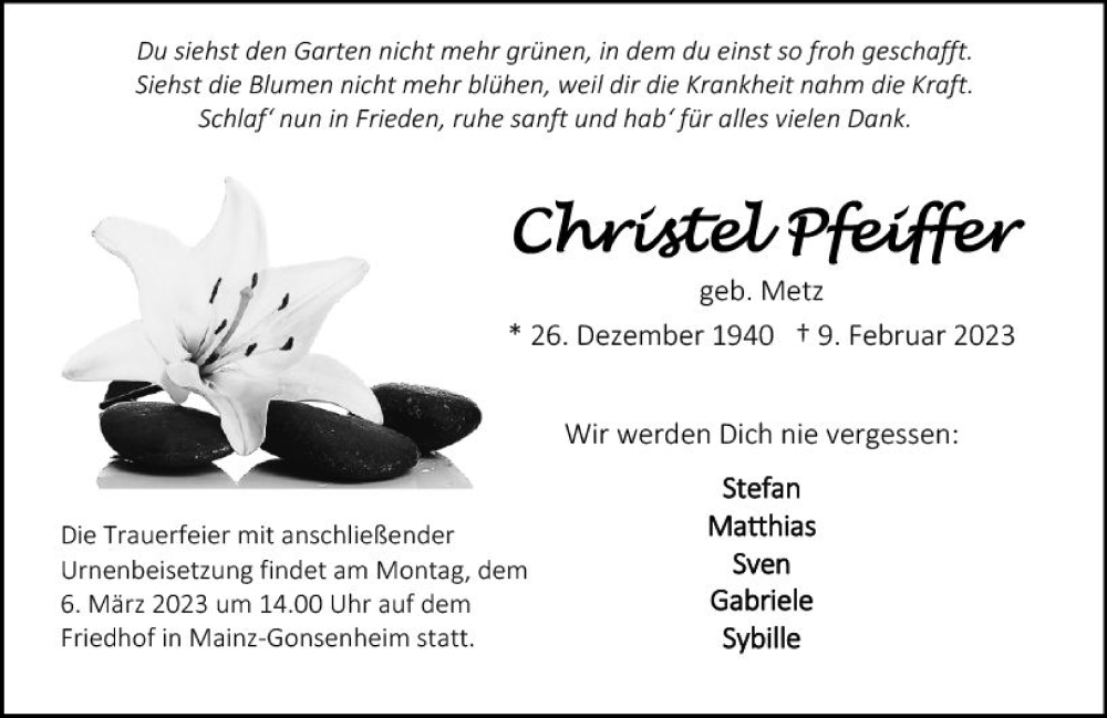  Traueranzeige für Christel Pfeiffer vom 25.02.2023 aus Allgemeine Zeitung Mainz