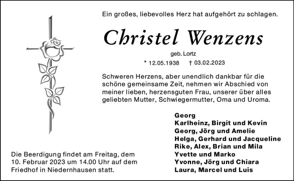  Traueranzeige für Christel Wenzens vom 08.02.2023 aus Darmstädter Echo
