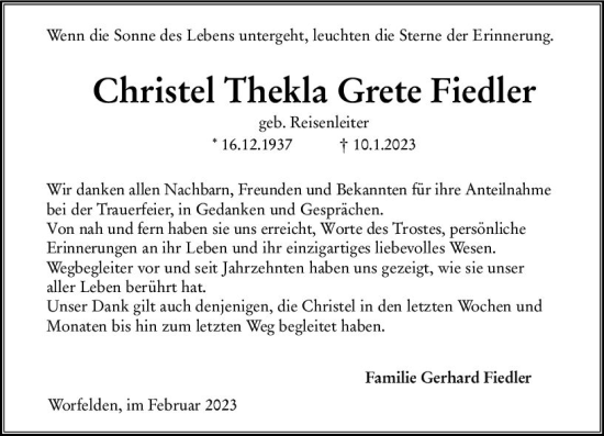Traueranzeige von Christel Thekla Grete Fiedler von Groß-Gerauer Echo