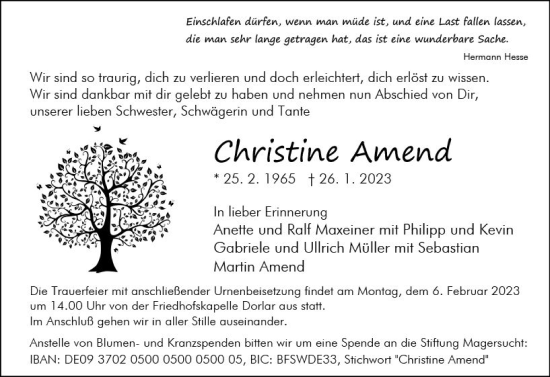 Traueranzeige von Christine Amend von Wetzlarer Neue Zeitung