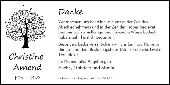 Traueranzeige von Christine Amend von Wetzlarer Neue Zeitung