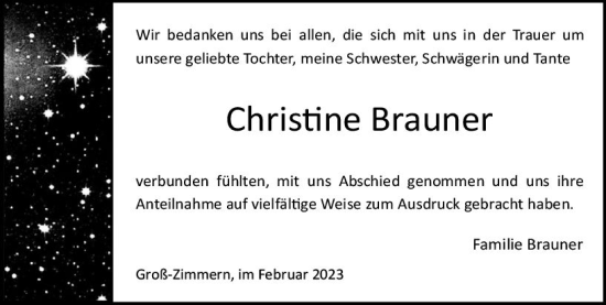 Traueranzeige von Christine Brauner von DieburgerAnzeiger/Groß-Zimmerner Lokalanzeiger