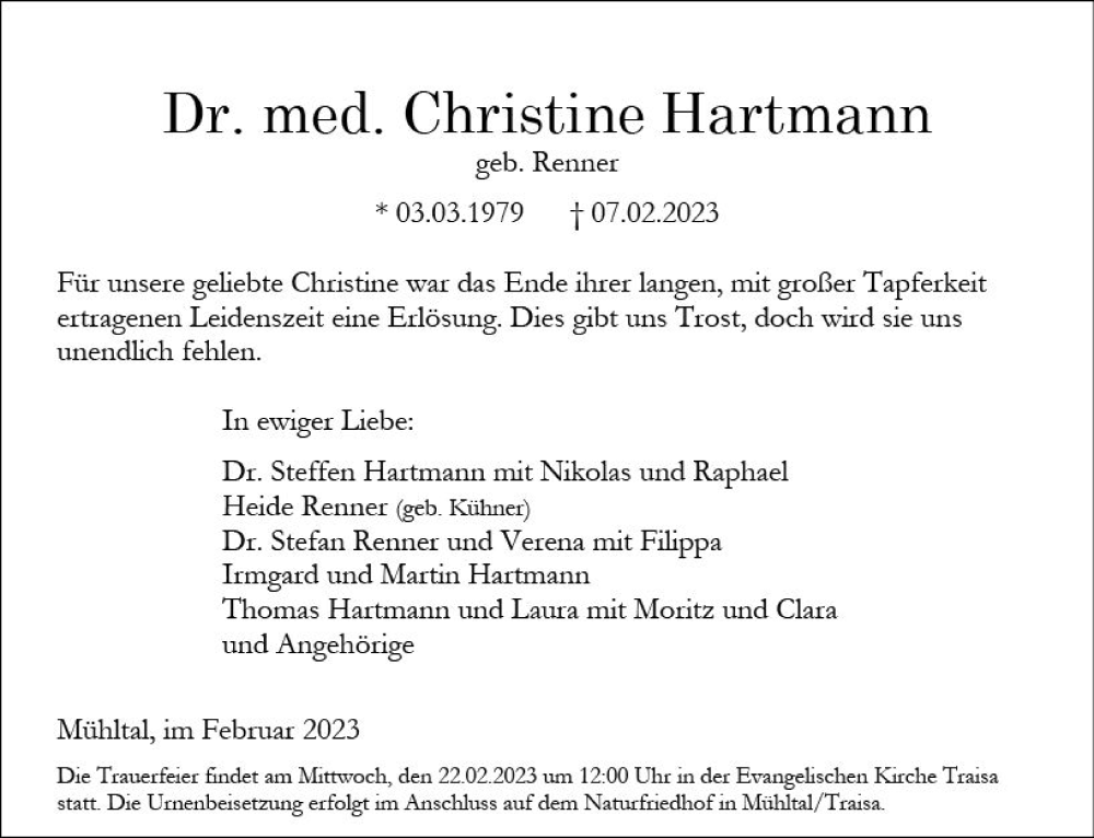  Traueranzeige für Christine Hartmann vom 18.02.2023 aus Darmstädter Echo