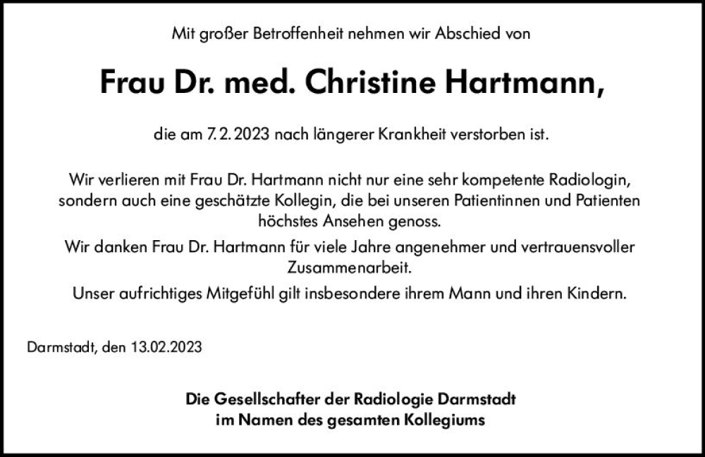  Traueranzeige für Christine Hartmann vom 18.02.2023 aus Darmstädter Echo