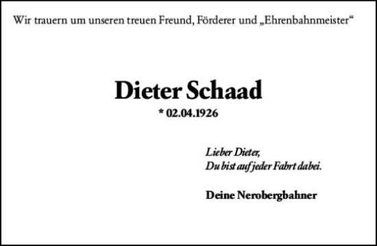 Traueranzeige von Dieter Schaad von Wiesbadener Kurier gesamt