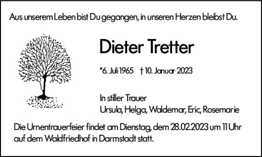  Traueranzeige für Dieter Tretter vom 18.02.2023 aus Darmstädter Echo