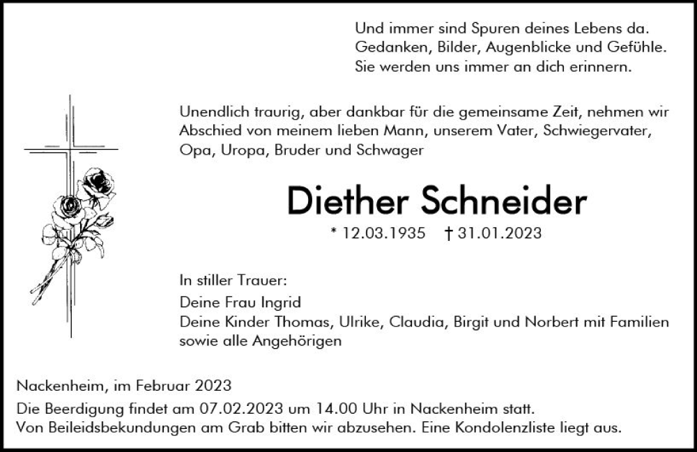 Traueranzeige für Diether Schneider vom 04.02.2023 aus Allgemeine Zeitung Mainz