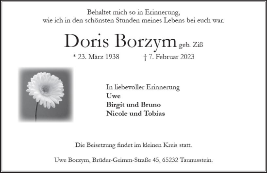 Traueranzeige von Doris Borzym von Idsteiner Land/Untertaunus