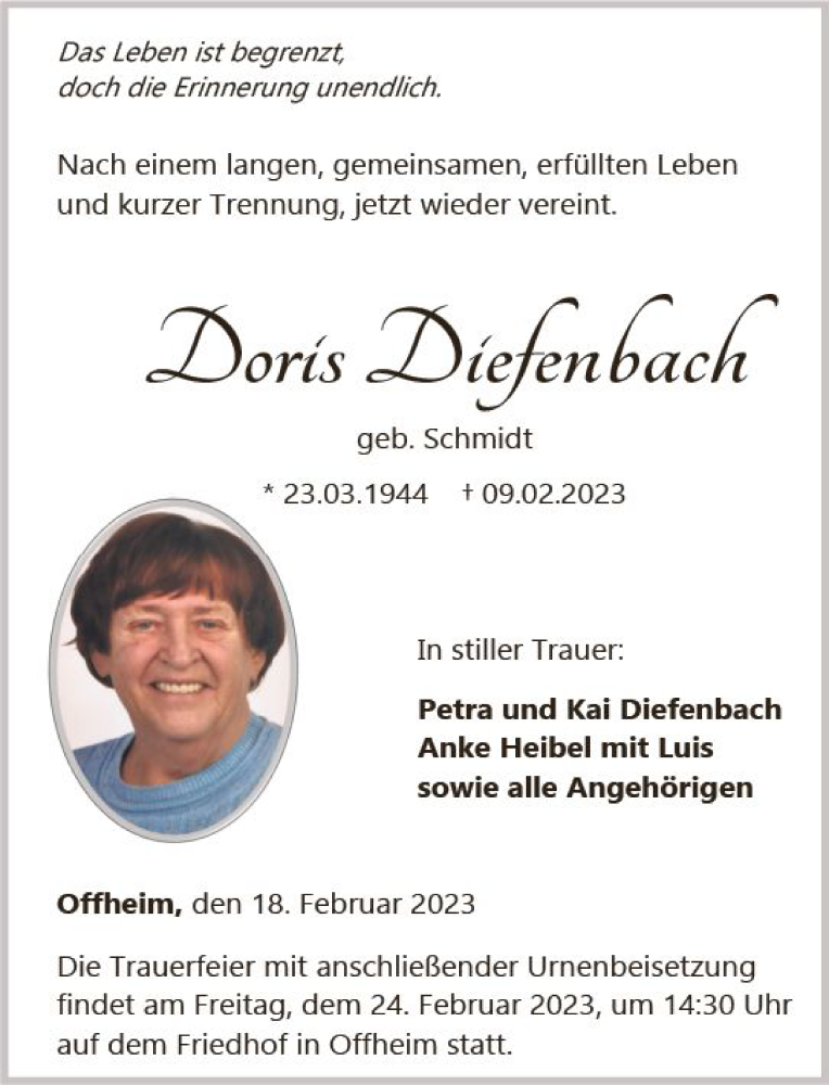 Traueranzeige für Doris Diefenbach vom 18.02.2023 aus Nassauische Neue Presse