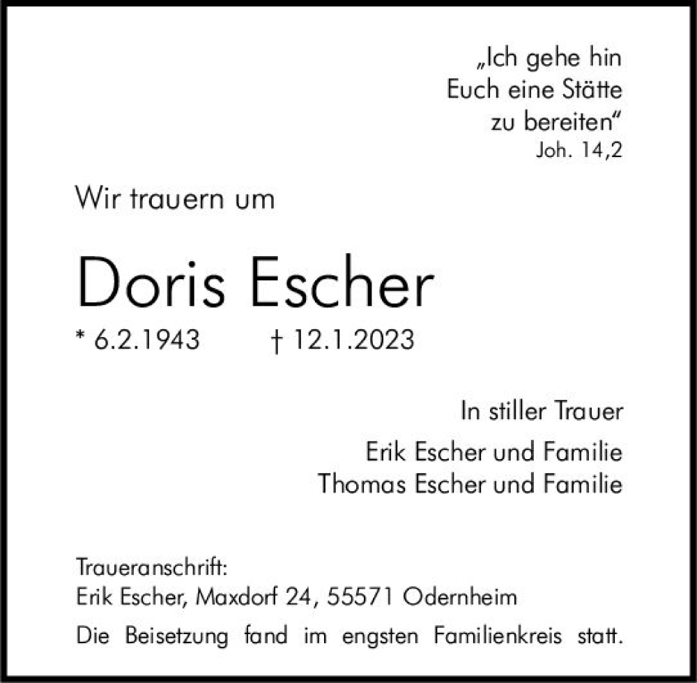  Traueranzeige für Doris Escher vom 11.02.2023 aus Allgemeine Zeitung Mainz