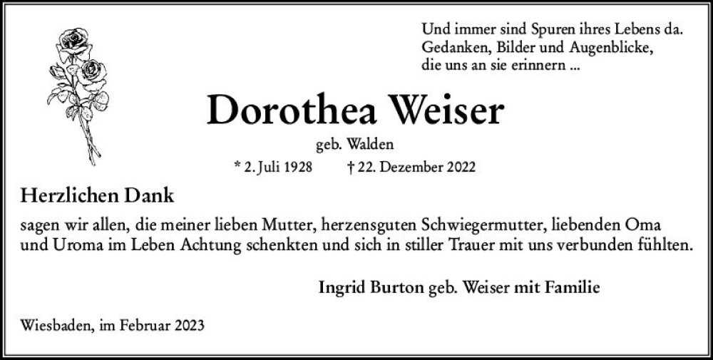  Traueranzeige für Dorothea Weiser vom 04.02.2023 aus Wiesbadener Kurier gesamt
