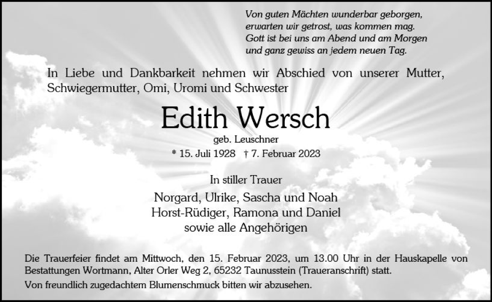  Traueranzeige für Edith Wersch vom 11.02.2023 aus Wiesbadener Kurier gesamt