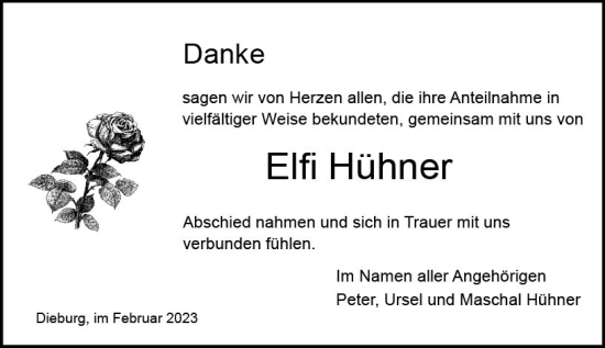 Traueranzeige von Elfi Hühner von Dieburger Anzeiger/Groß-Zimmerner Lokal-Anzeiger