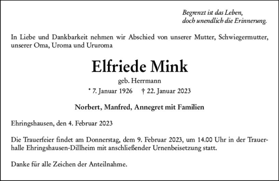 Traueranzeige von Elfriede Mink von Wetzlarer Neue Zeitung
