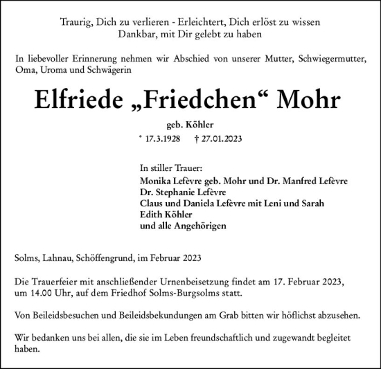 Traueranzeige von Elfriede  Mohr von Wetzlarer Neue Zeitung